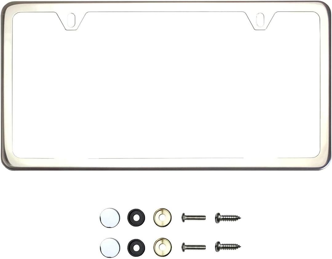 Two Hole Slim Version Chrome Polish Mirror License Plate Frame T304 Stainless Steel + Metal Screw Caps