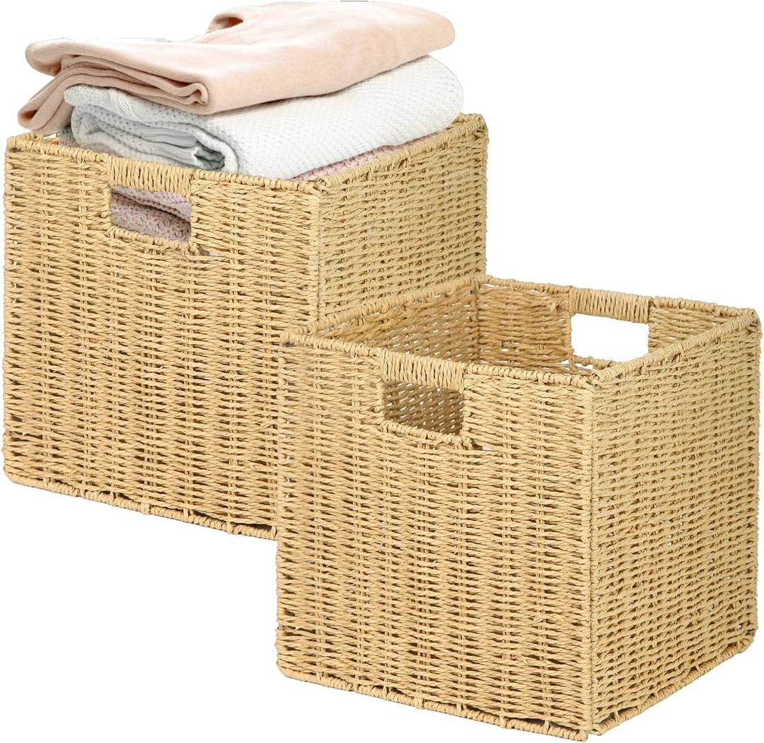 Collapsible Storage Basket 2 Pieces, Shelf Organizer with Insert Handle, 12 * 12 * 12 Inch Hand Woven Seagrass Basket, Suitable for Bedroom Storage and Other Scenarios