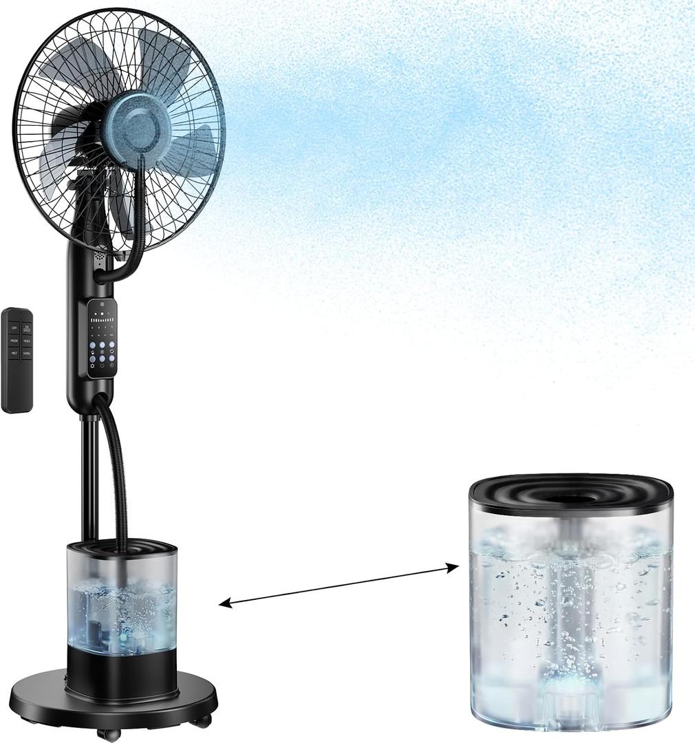 Misting Fan, 2026 Upgraded 4L Large Water Tank Mister Cooling Fan, 5 Speeds 3 Modes Misting Standing Fan, Floor Fan with Remote for Home, Bedroom, Patio, Outdoor Pcs