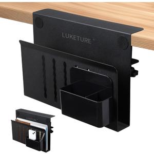 LUKETURE Desk Side Storage, Steel Side Desk Organizer, No Drill Laptop Holder, Clamp on Laptop Mount with Pen Holder, Table Hanging Storage for Home Office, Fits Flat Edge Tables 0.3" to 2.8" (M(1 Tier), Black)