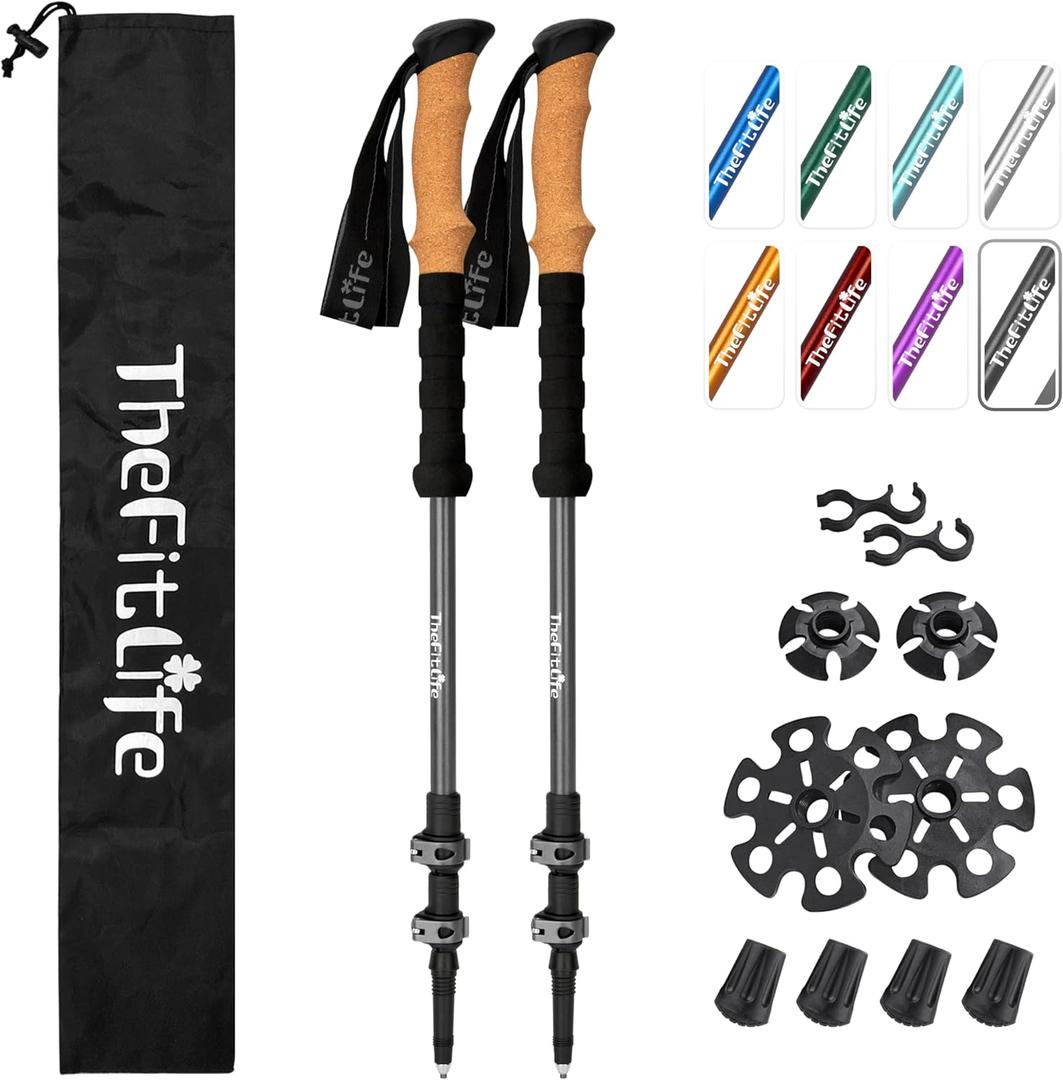 TheFitLife Trekking Poles - Lightweight 7075 Aluminum Hiking Sticks with Cork Grips, Adjustable Telescopic Design, Metal Flip Lock for Men & Women - Perfect for Hiking, Walking, Camping & Backpacking (Grey)