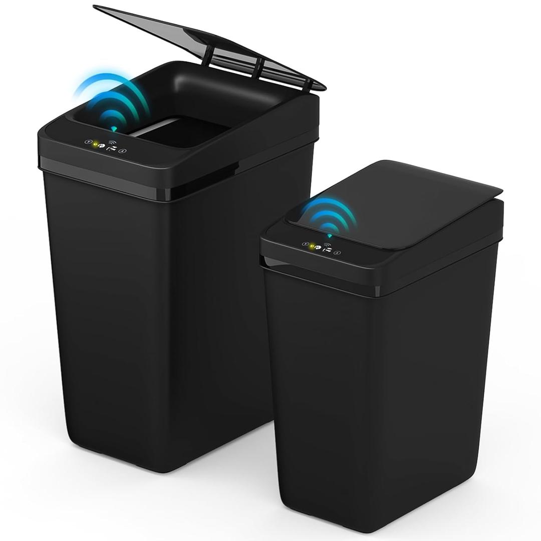 Procade Pack of 2 Touchless Bathroom Trash Can with Lid,4 Gal &2.5 Gal Slim Automatic Garbage Can, Auto Skinny Plastic Trash Bin, Small Motion Sensor Trash Bin for Bedroom, Bathroom, Office, RV (Black)