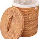 Rattan Laundry Hamper With Lid, Rattan Laundry Basket With Removable Liner Bag Handles (13.8" xL13.8"xW15.7"H (Round Brown-Lid)