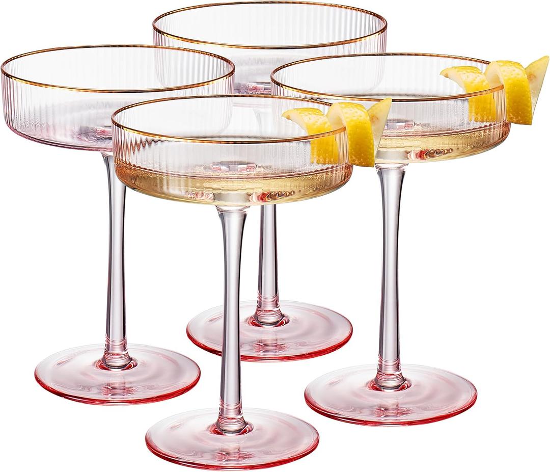 Khen Ribbed Vintage Art Deco Coupe Glasses - Martini, Champagne & Cocktail Ribbed Glasses 8oz | Crystal Ripple Goblet Glassware Set, Pink Gilded, 4 Pieces, Housewarming Gift