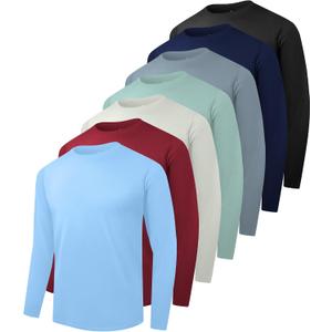 Kinglaman 7 Pack Men Dry Fit Workout Long Sleeve Athletic Gym UPF SPF UV Sun Protection Quick Dry Lightweight Shirts (L)