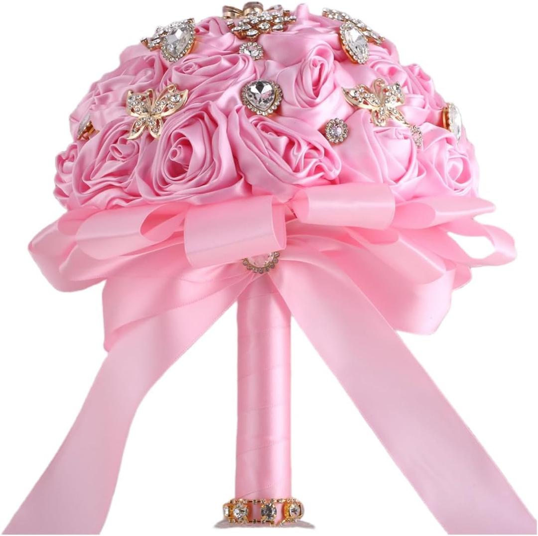 6.3" Pink Bridal Wedding Bouquet Round Bling Brooch Bouquet Throw Toss Artificial Rose Flower Bunch for Bride Bridesmaid Wedding Quinceanera