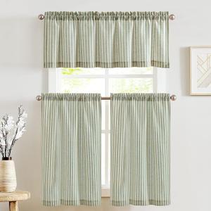 jinchan Striped Kitchen Curtains and Valance Set 24 Inch Tier Curtains Ticking Stripe Linen Small Drapes Pinstripe for Cafe Living Room Bathroom Farmhouse 3 Pieces Set Rod Pocket Sage Green (26"W x 24"L (Pack of 3))
