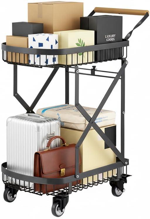 LeleCAT 2-Tier Storage Cart with Wheels, Heavy Duty Folding Rolling Cart,110lbs Capacity Easy Assembly Grocery Cart for Kitchen & Shopping - Collapsible Space-Saving Utility Cart Effortless Carry