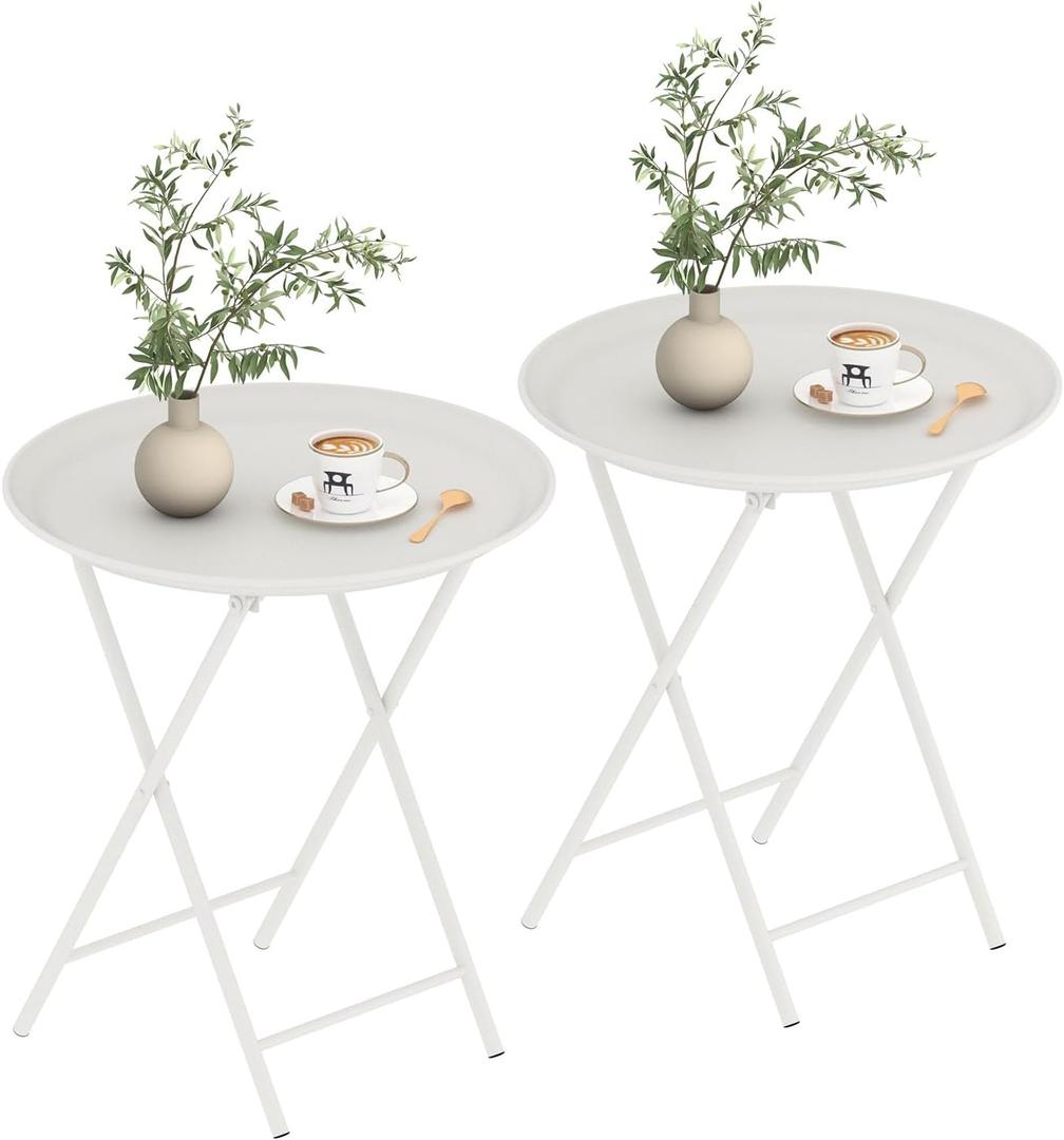 Garden 4 you Folding TV Tray Table, Metal Round Side Table, White Dinner Table with Metal Frame, Modern Outdoor Tray Table for Living Room, Bedroom, Patio & Small Spaces, 2 Packs