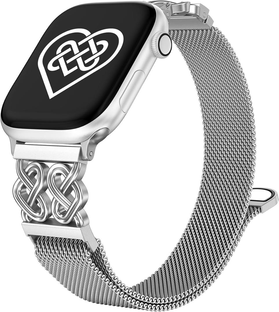 Celtic Knot Metal Band Compatible with Apple Watch Bands for Women 38/40/41/42/44/45/46/49mm Stainless Steel Magnetic Loop Mesh Strap for iWatch SE Series 11/10/9/8/7/6/5/4/3/2/1/Ultra(1/2) (Silver)
