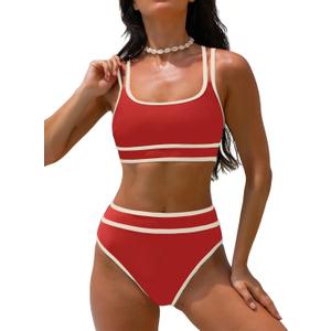 popvil Women's High Waisted Bikini Sets Neon Two Piece 2026 Swimsuit Sporty Adjustable Straps Bathing Suit (Red, Small)