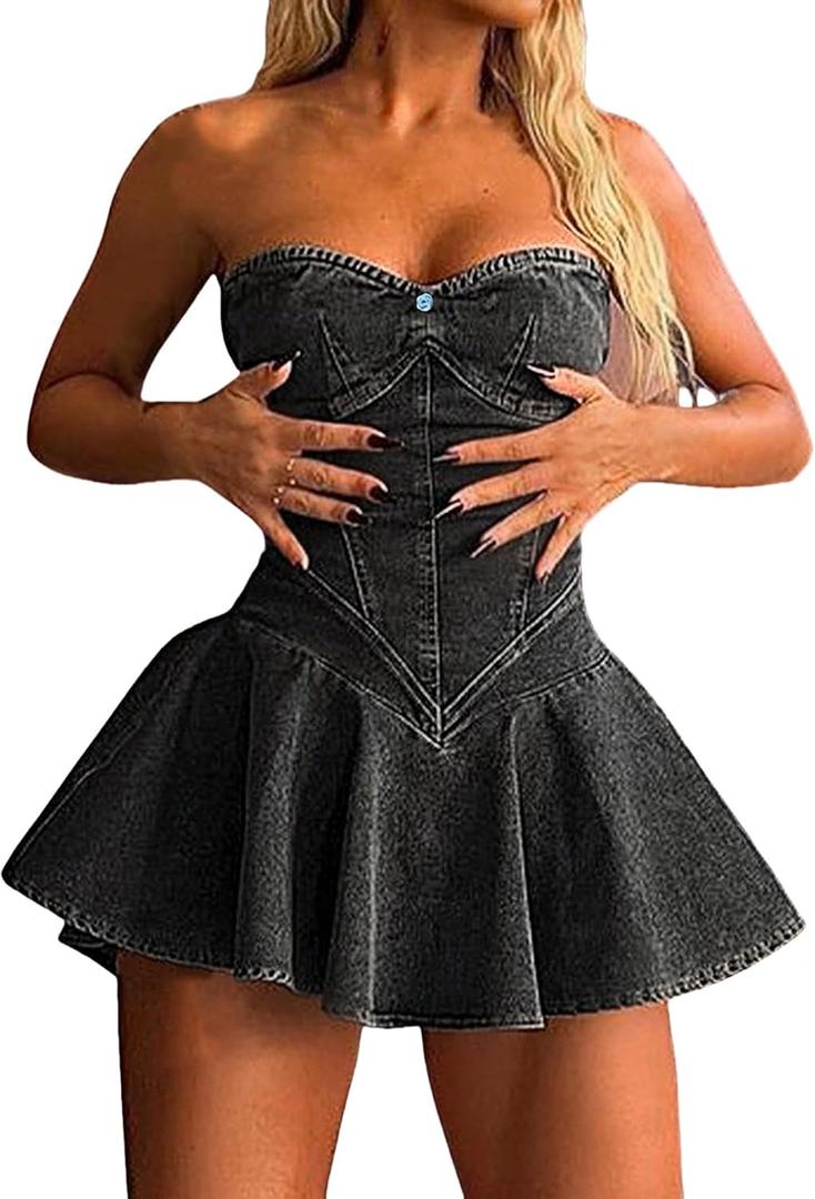 DINGANG Womens Y2K Strapless Denim Mini Dress Off Shoulder Corset Tube Pleated Ruffle Party Jean Dresses (Small, Black) DINGANG Womens Y2K Strapless Denim Mini Dress Off Shoulder Corset Tube Pleated Ruffle Party Jean Dresses (Small, Black)