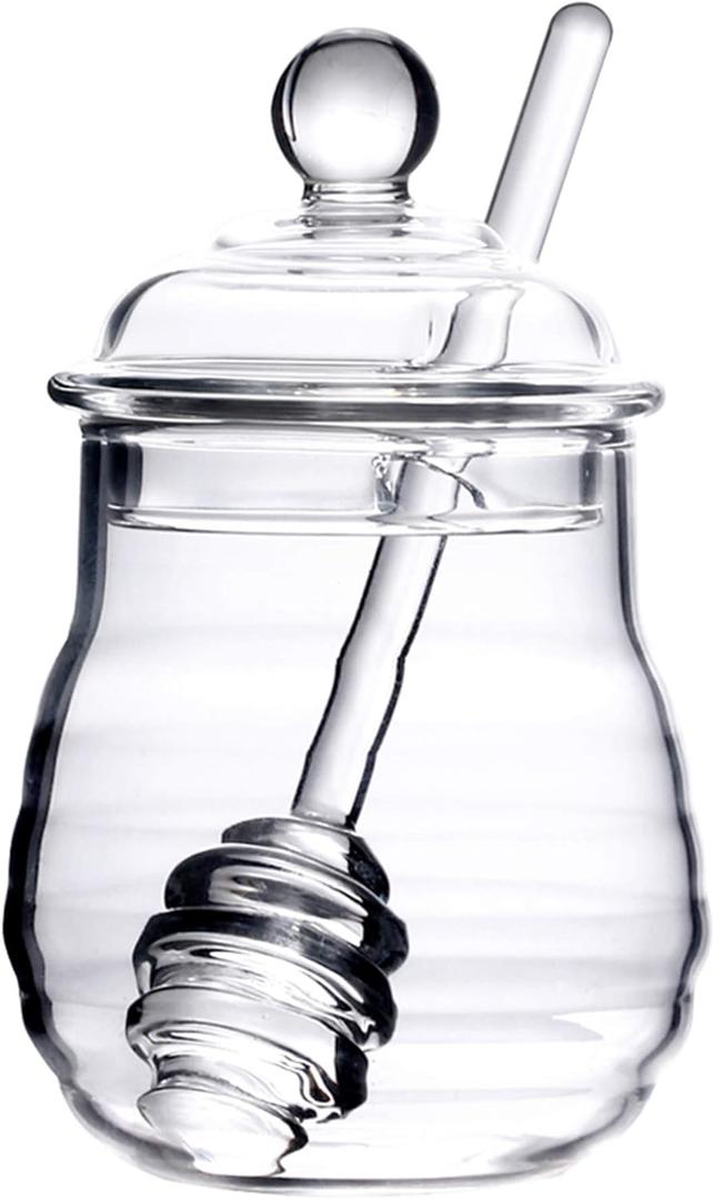 Lawei Glass Honey Jar with Dipper and Lid, 10 OZ Heat-Resistant Bee Hives Honey Pot, Clear Glass Honey Container for Store Honey and Syrup, Home and Kitchen, Easy to Clean, Dishwasher Safe