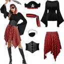 Womens Pirate Costume Renaissance Shirt Dress with Head Scarf Waist Belt Medieval Costume Accessory Sets, XL