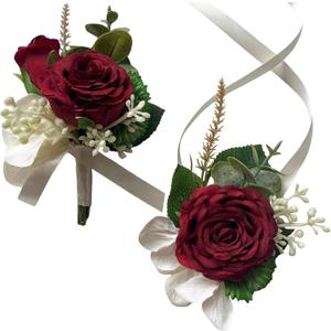 MAFELOE Artificial Wrist Corsage Boutonniere Set for Groom Bride Groomsmen Bridesmaids, Corsage Wristband Men Boutonniere Wedding Party Prom Suit Decorations - Burgundy 2Pcs