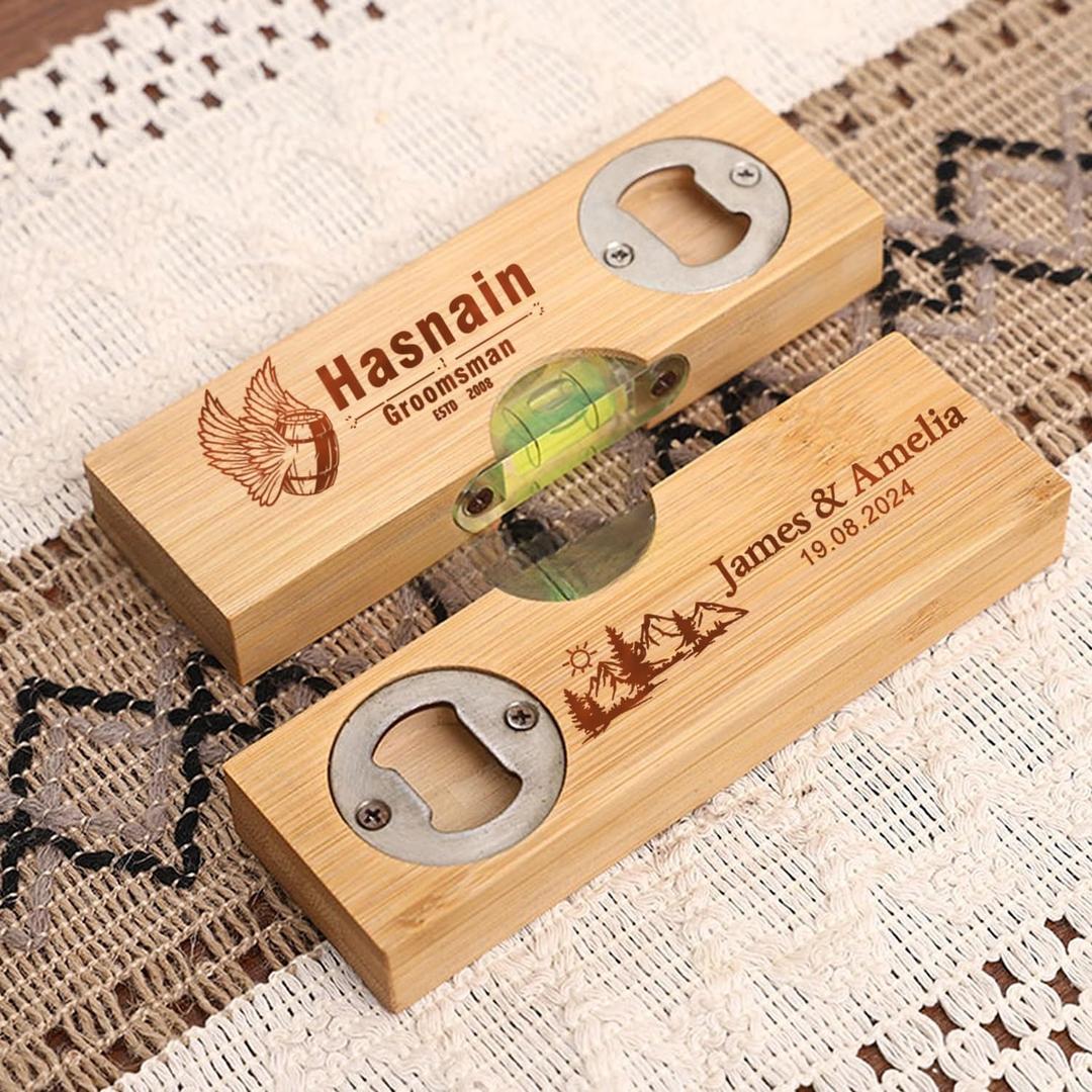 Funny Christmas Gifts for Stepped Dad from Son Daughter, 2 in 1 Bamboo Stepped Up Dad Spirit Level Bottle Opener Gag Gift for Men