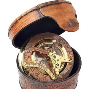 Brass Nautical - Antique Brass & Copper Sundial Compass, Sundial Clock in Box Gift Sun Clock Ship Replica Watch
