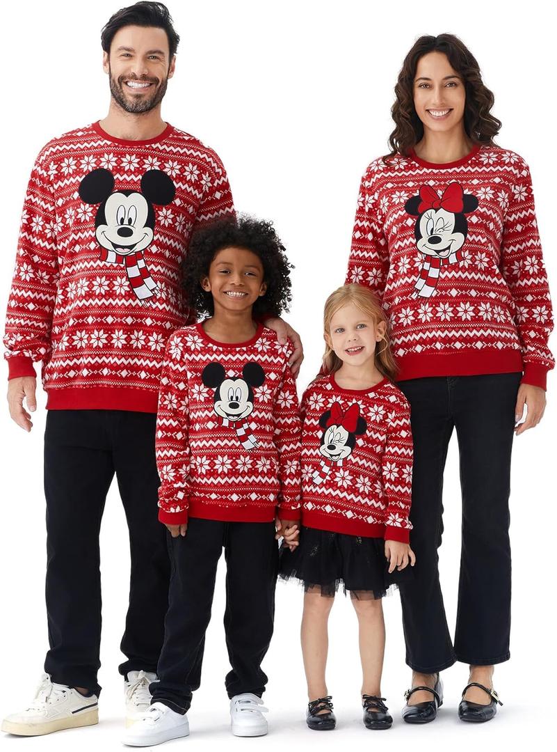 Disney family matching sweatshirt Stitch Mickey Spiderman print long sleeve winter Christmas mom dad kids loose fit red (8-9 Years)