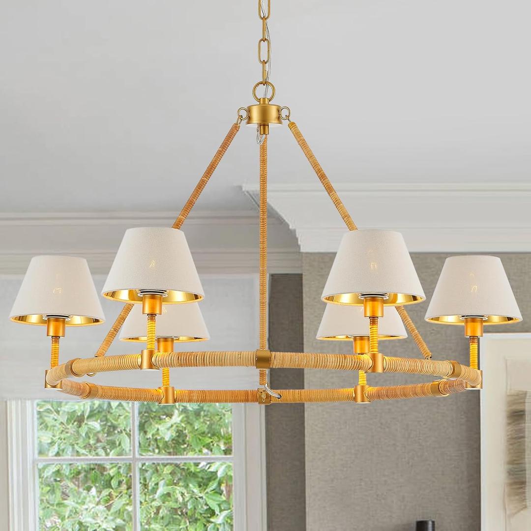 33 Hand Woven Rattan Boho Pendant Light with White Fabric Shade 6-Lights Wagon Wheel Chandelier for Dining Living Room Bedroom Kitchen, UL Listed