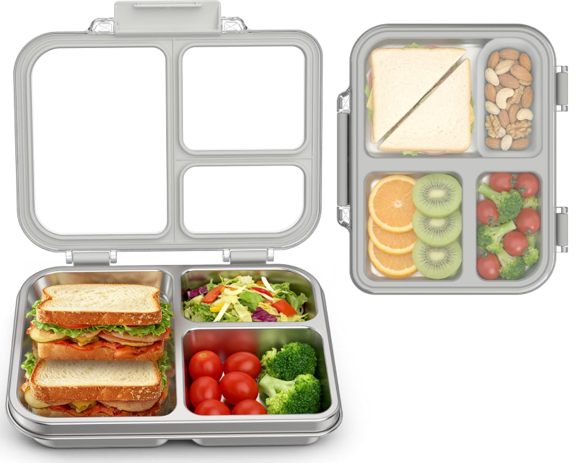 FAJSL Stainless Steel Bento Box for Kids Adults, 3Compartment Metal Lunch Box with Clear Lid & Removable Silicone, Lunch Box Kids with Silicone Inner Container for Meal Prep, School, Office (Grey)