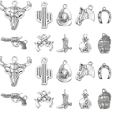 100pcs Western Charms Antique Silver Cowboy Boot Hat Horse Cactus Charms for Jewelry Making Bracelets Bulk
