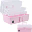 Creahaus 13 inch Art Craft Organizer Storage Box with 3 Layer, Multipurpose Plastic Tool Box with Handle for Sewing, Art Supply, Medicine, Nail, Hair Accessories (Pink)