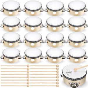 32 Pcs 4 Inch Tambourine with Drumsticks Wooden Hand Held Drum with Metal Jingles Percussion Musical Instrument for Church Wedding Party Gift Musical Educational Drum Instrument Party