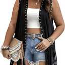 Verdusa Women's Plus Size Fringe Vest Faux Suede Rivets Sleeveless Tassel Jacket Western Cowgirl Outfits, 4XL, Black