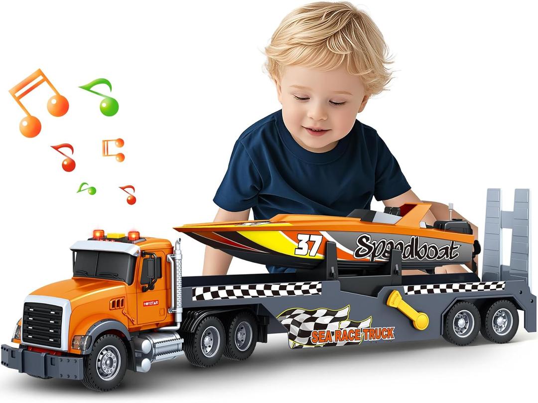 SpringFlower 3 4 5 6 Boy Toys, Extra Large Truck Toy with Sounds & Lights, 21" Semi Truck Toy Flatbed Transport Boat Vehicle2 in 1 Kids Boy Toddlers Age 3 4 5 6 7 Birthday Gifts