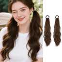 2PCS Curly Ponytail Extension with Elastic Tie 17 Inch Resistant Synthetic Natural Wavy Hairpiece Pony Tail Hair Extensions Wave Fake Ponytail Hairpieces for Women Daily WearLight-Brown