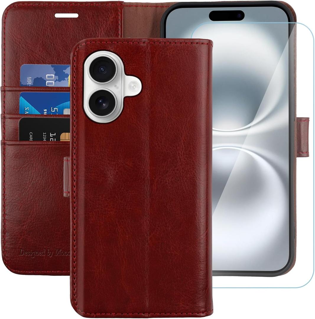 MONASAY Wallet Case Compatible for iPhone 16 5G,[Glass Screen Protector Included] [RFID Blocking] Flip Folio Leather Cell Phone Cover with Credit Card Holder, 6.1-inch, Burgundy