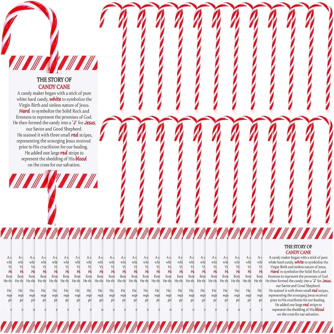 24 Sets Christmas Candy Cane Ornament and Candy Cane Meaning Story Cards Plastic Christmas Tree Hanging Ornaments Twisted Red and White Tree Decoration for Xmas Party Supplies