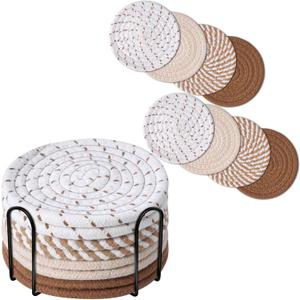 Drink Coasters 8 Pack with Holder, 4-Color Cotton Woven Absorbent Coasters Set, Minimalist 4.3in Cup Mat for Home Decor, Dining Table, Living Room, Tabletop-Protection for Coffee Beverage-Brown