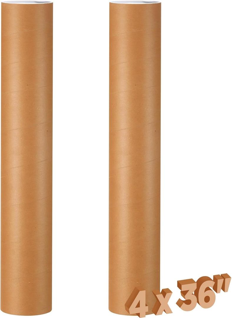 Dunzoom 2 Pack 4 x 36 Inch Mailing Tubes 0.12" Thick Kraft Paper Poster Tube with Plastic Caps for Mailing Storing Rolled Goods Storage of Art Craft Document