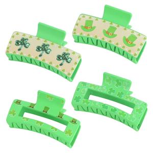 4Pcs St. Patrick's Day Green Claw Clips Clover & Leprechaun Hat Print Rectangular Hair Clips Cute Hair Clip for Women Irish Themed Hair Accessories for Women Girls