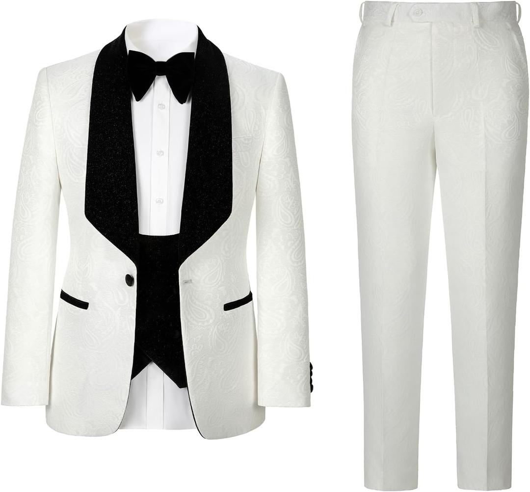 Men's Slim Fit Tuxedo, Shiny Velvet Shawl Collar 3 Piece Suit, Party Jacket Vest Pants & Bow Tie Set (XX-Large, White Paisley Jacquard) Men's Slim Fit Tuxedo, Shiny Velvet Shawl Collar 3 Piece Suit, Party Jacket Vest Pants & Bow Tie Set (XX-Large, White Paisley Jacquard)