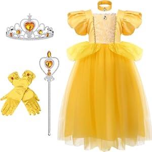 Berlune Princess Costumes for Girls Princess Dress up Accessories for Kids Cosplay Dress Halloween Party Birthday Outfit(4-5Y,Yellow)