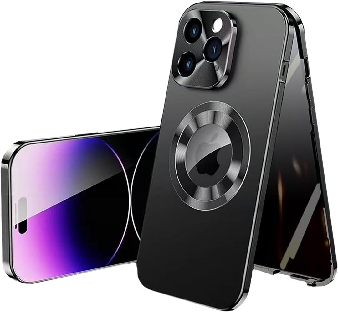 Metal Frame Anti-Spy Magnetic Phone Case for iPhone 12/13/14/15/16/17 Promax Double-Sided Glass Full Coverage Hard Case (Black,iPhone 17 Pro Max)