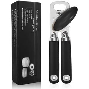 Safring Can Opener Manual, Heavy Duty Stainless Steel Smooth Edge Can Openers With Soft Touch Handle, Oversized Handheld Easy Turn Knob, Multi-Function Bottle Opener, Black, Pack Of 3