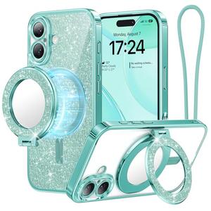Meifigno Magnetic Case with Removable Phone Ring Stand for iPhone 16 Plus, [Glitter Card & Wrist Strap] [MagSafe Compatible] [Built in Mirror] Magnetic Phone Ring Holder + 16 Plus Case Kit, Teal
