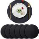 Faux Leather Black Placemats, 13.5" Wipe Clean Stain-Proof Non-Slip Heat Resistant Round Placemats Set of 6, Dining Table Mats for Kitchen Table Plate