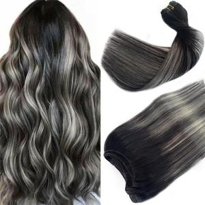 Sew in Hair Extensions Real Human Hair Natural Black to Silver 12 Inch Weft Hair Extensions Human Hair Straight Sew in Weave Bundles for Women Real Hair