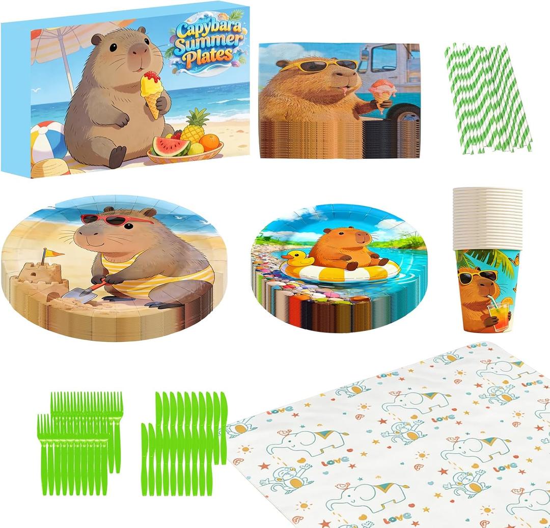 141Pcs Capybara Paper Plates Capy Party Supplies Summer Party Decorations Cute Animals Tableware Set