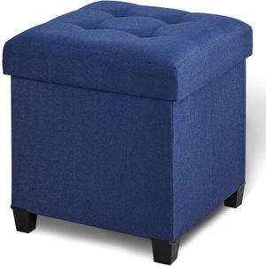 17.7" Ottoman with Storage, Square Storage Ottoman for Dorm, Linen Ottomans with Legs for Living Room, Bedroom, Blue