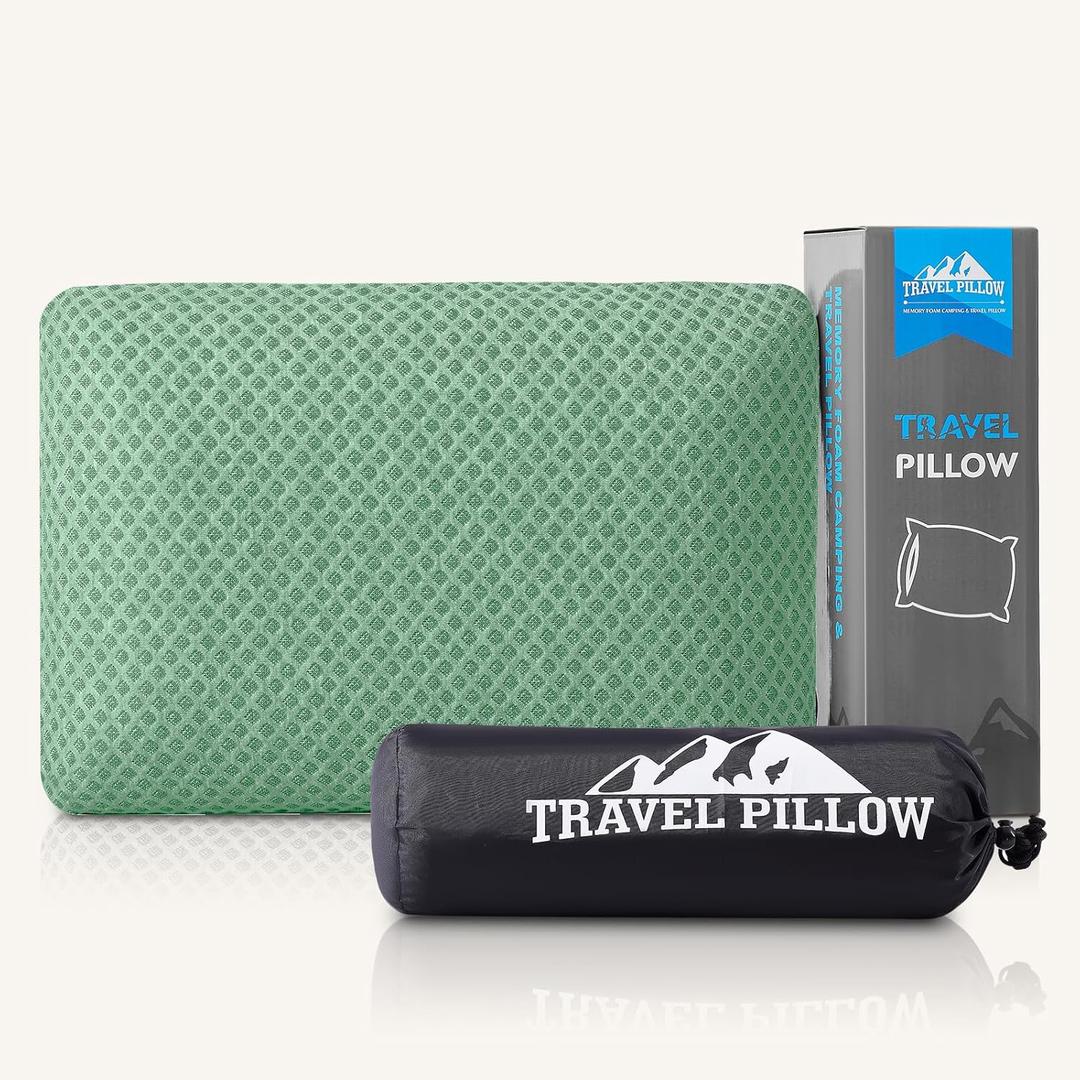 Travel Pillow Memory Foam Pillows, Camping Pillow-Compressible Medium Firm, Breathable Cover, Ideal Backpacking Hiking, Bed Pillows, Airplane and Car (Green, M) (M-17.7*11.8in)