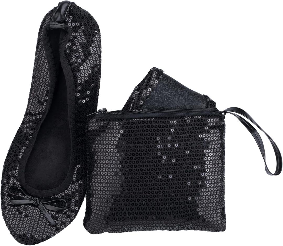 Women's Foldable Ballet Flats – Portable Flat Shoes for Travel and Wedding that Fit in Your Purse (XXL, Black Sequin)