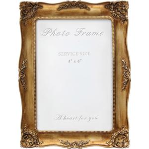 4x6 Inch Gold Vintage Picture Frame, Elegant Antique Photo Frames with Glass&Hook, Vine Pattern, Tabletop Wall Hanging, Gift ldeas for Home Decor (Gold)