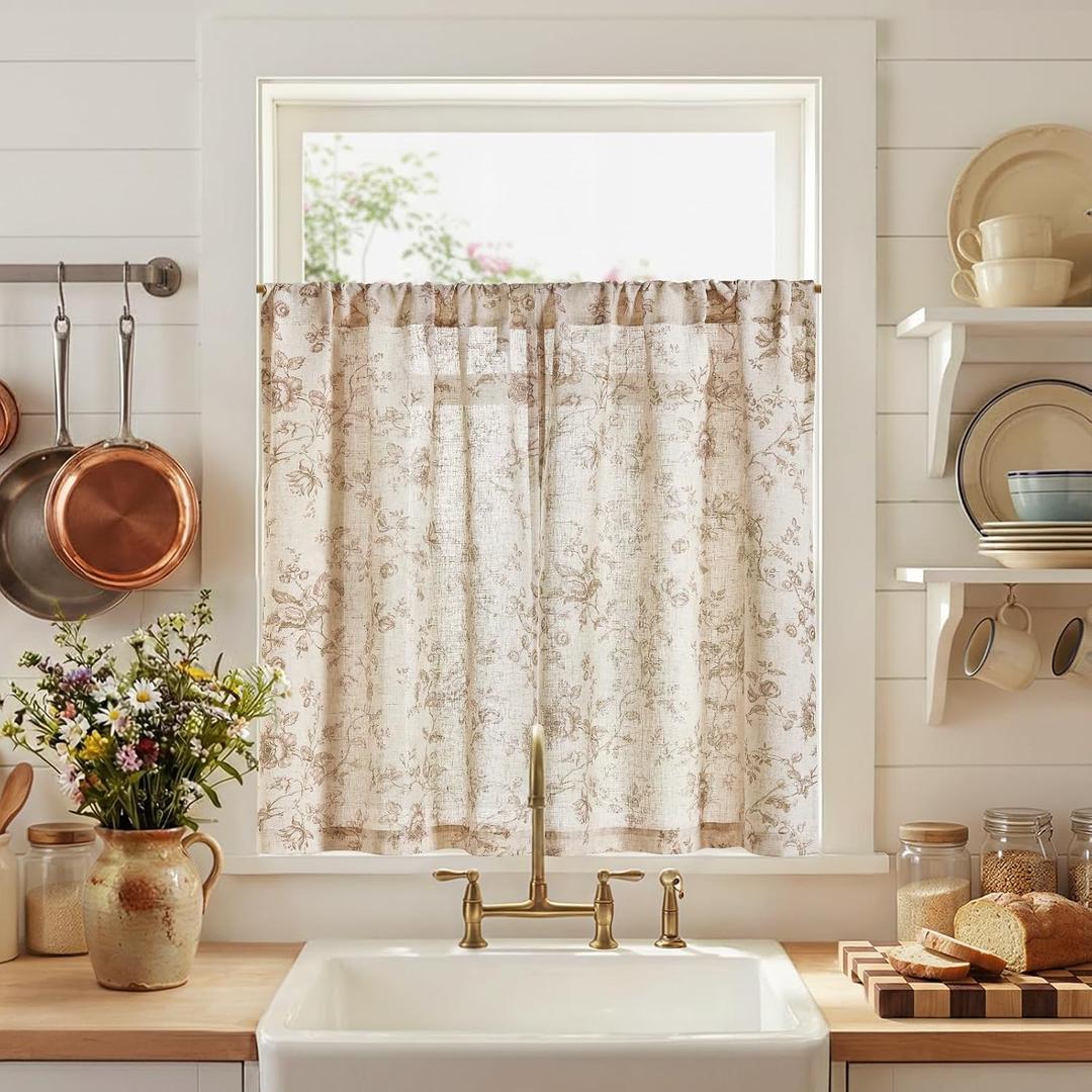 Jinchan Amlie Floral Kitchen Curtains 36 Inch Length Linen Cafe Curtains Small Window Drapes Light Filtering Botanical Farmhouse for Bedroom Bathroom Rod Pocket 2 Panels Taupe on Linen, 26"W x 36"L