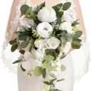 Ling's moment White Bridal Bouquet Cascading, White Wedding Bouquets for Bride, 13 Inch Ivory Bride Bouquets for Wedding Artificial Flowers Bouquets (Wht-natural Whites)