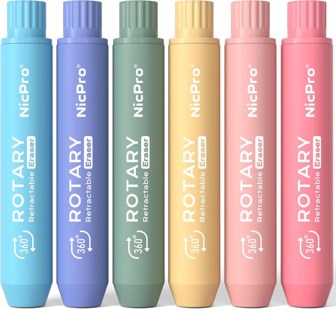 Nicpro 6 Pack Rotary Retractable Erasers, Soft TPE Twist Erasers in Cute Rainbow Colors, Clean Erasing Large Pencil Eraser for Students Kids, School Supplies, Office, Stationary, Drawing & Journaling